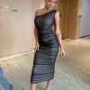 Vicky One Shoulder Ruched Mesh Bodycon Midi Dress