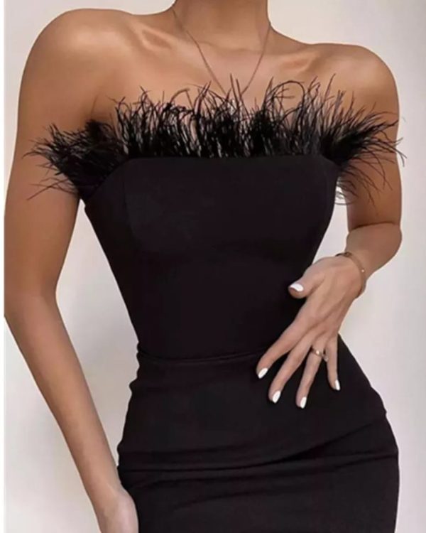 Strapless Feather Midi Dress Black